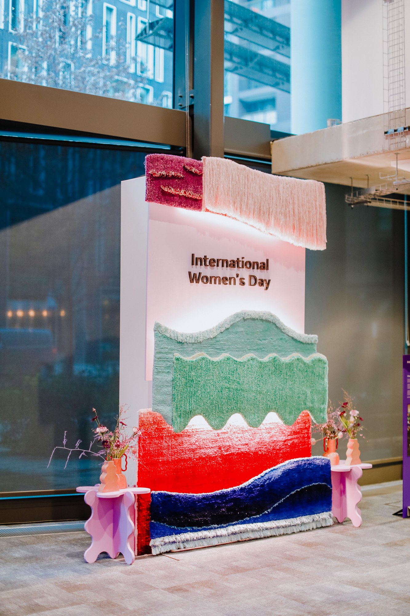 Layered colourful tufted installation for International Women’s Day at Meta